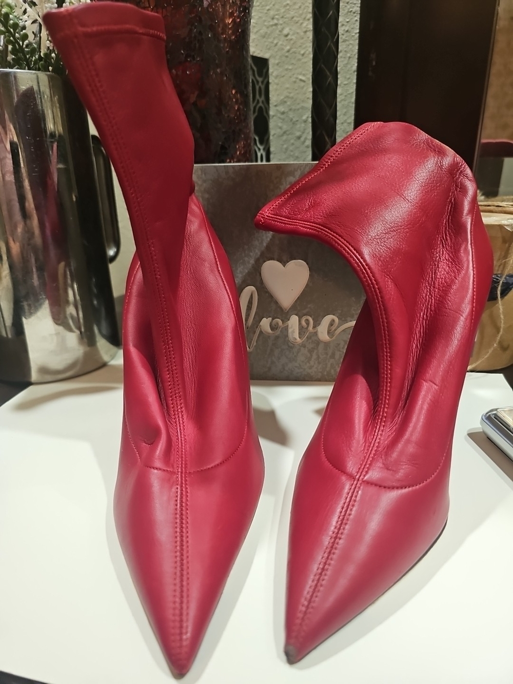 Jimmy Choo Brin 100 Red Stretch Nappa Leather Pointed Toe Ankle Boots Size 34.5